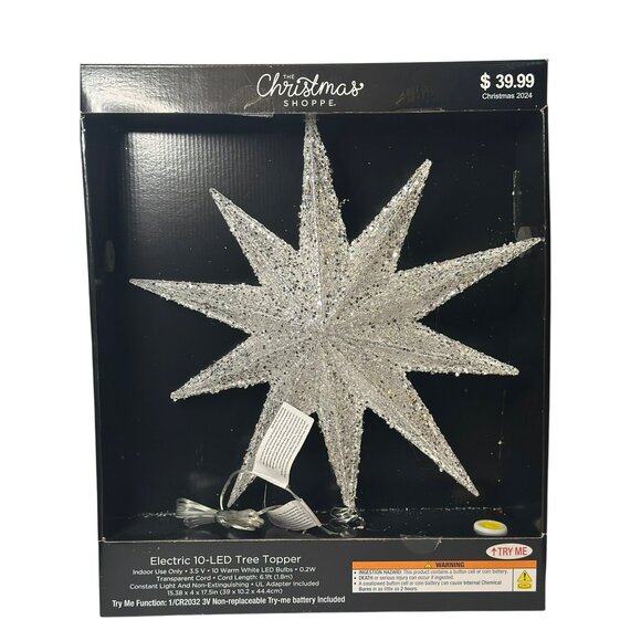The Christmas Shoppe Electric 10-LED Glitter Star Tree Topper – Silver Light-Up - Picture 1 of 9